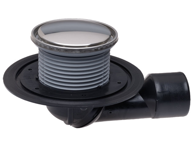 HL80R – Adjustable Balcony and Terrace Drain with Round Stainless Steel Grate – official HL photograph